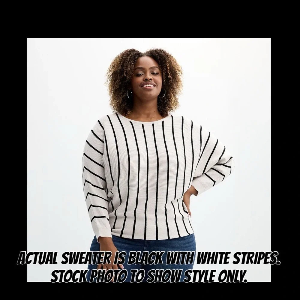 Chelsea & Theodore EUC black sweater with white stripes, 29” p2p, bat wing XL